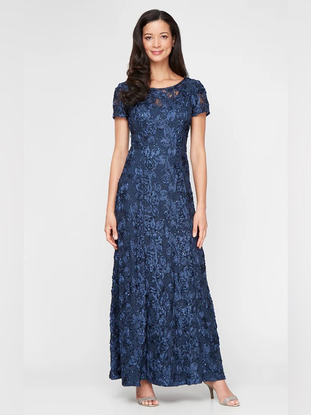 Evelyn Rosette Lace navy blue floor-length evening gown